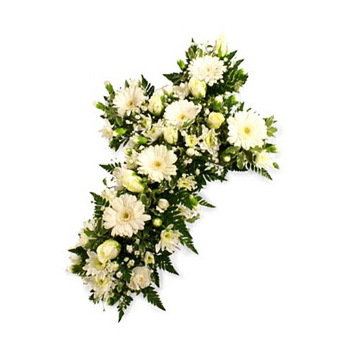 ▷ Coronas Fúnebres: Cruz Blanca de Rosas, Gerberas